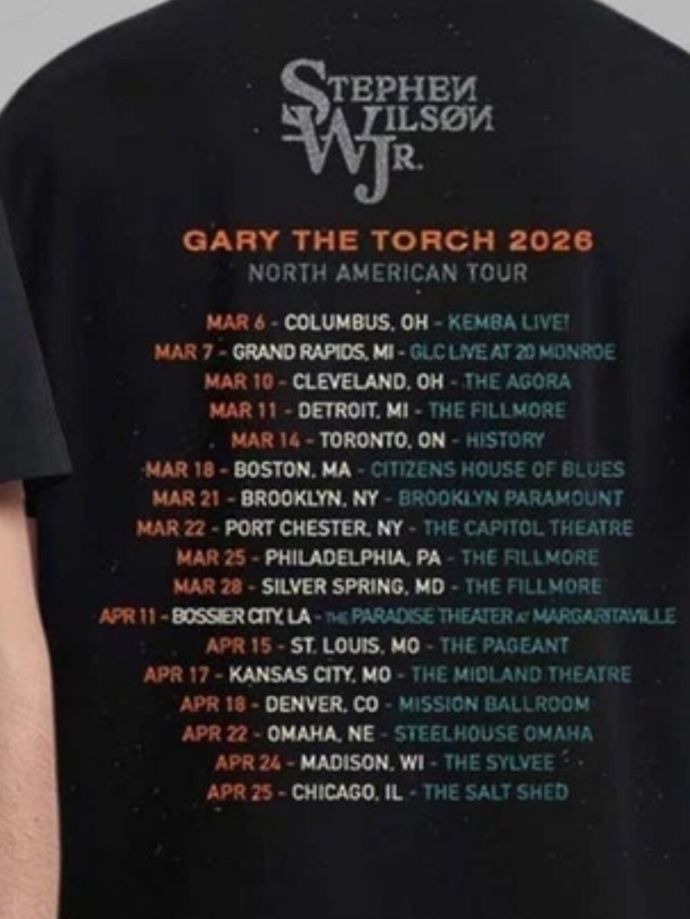 Stephen Wilson Jr Gary The Torch 2026 Tour Schedule Dates Two Sided T-Shirt - Picture 3 of 6
